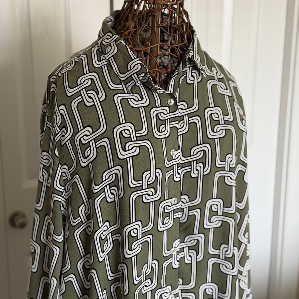 Olive Green Geometric Print Button-Up Shirt Dress
